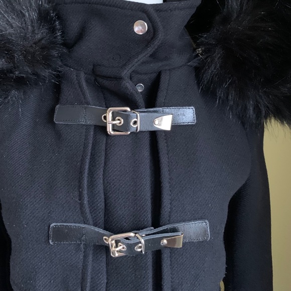Zara black 75% wool winter jacket coat hood with black fur buckles zipper pocket - Picture 4 of 14